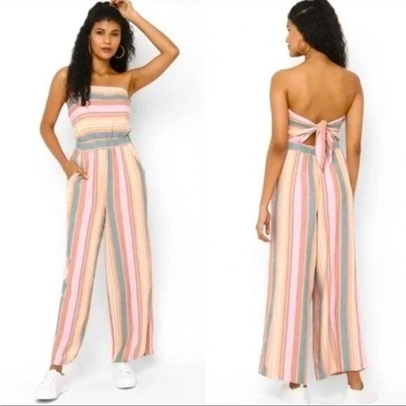 NWT American Eagle Striped Tie Back Tube Linen Jumpsuit - Picture 1 of 16